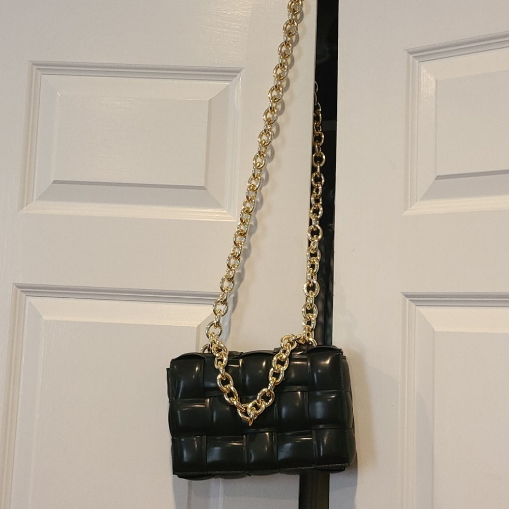 Padded cassette with gold chain black bag purse